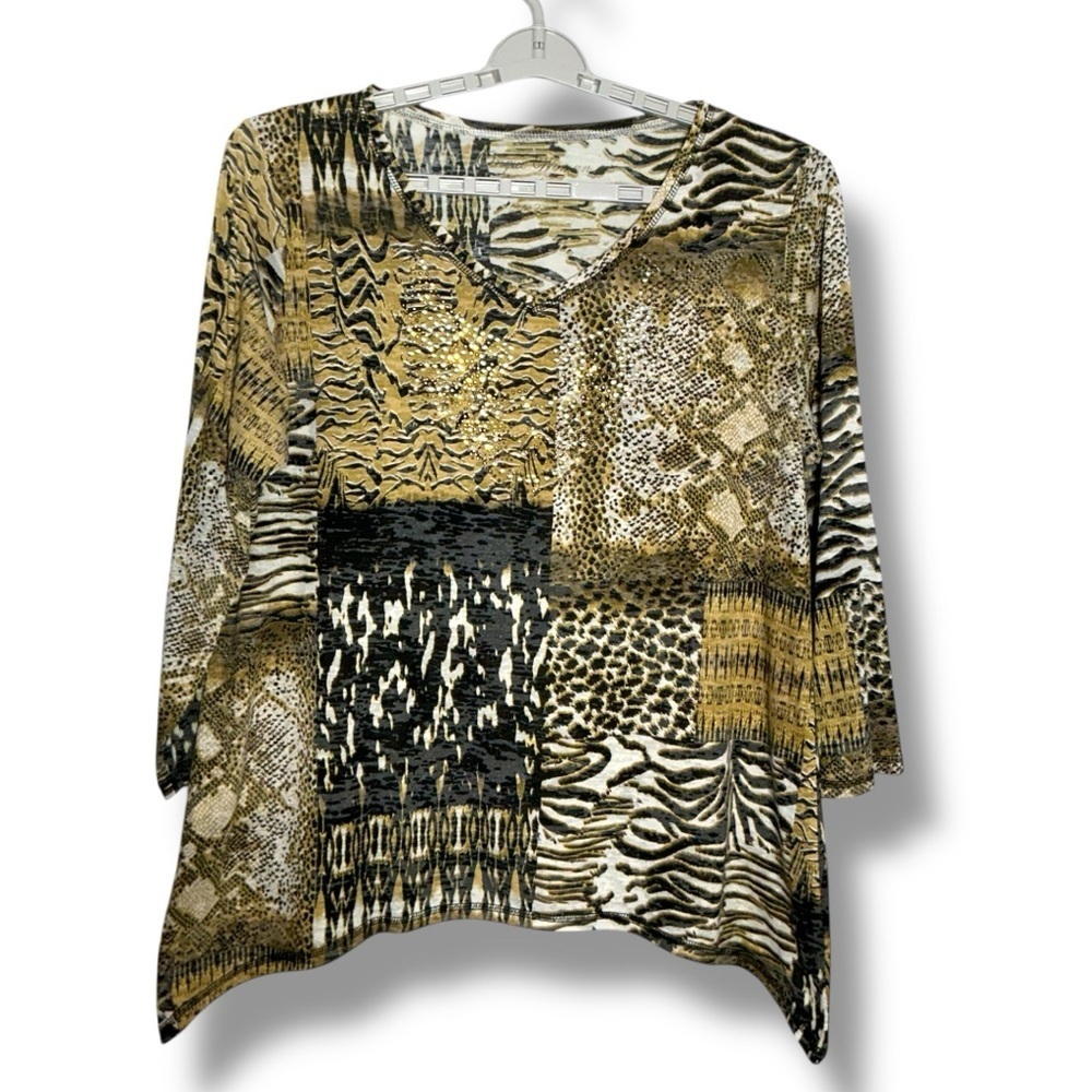 Onque Animal Print Tunic Top Reflective Beads Handkerchief Hem V Neck Plus 2X